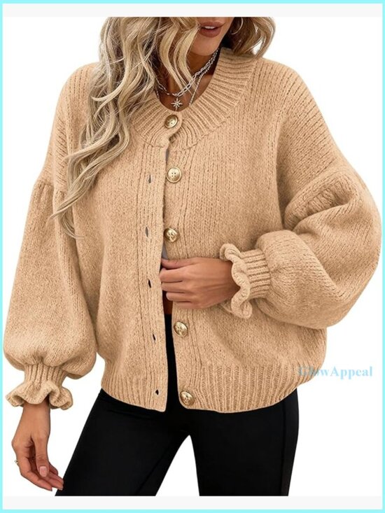Sweaters - Cropped Cardigan Chunky Knit Ruffle Sleeves Button Down Oversized Fall